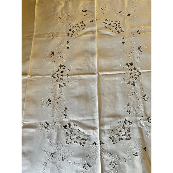 Madeira Tablecloth Beige Scalloped Edges & 8 Lighter Napkins 82x67 Linen Cutwork - Picture 5 of 16